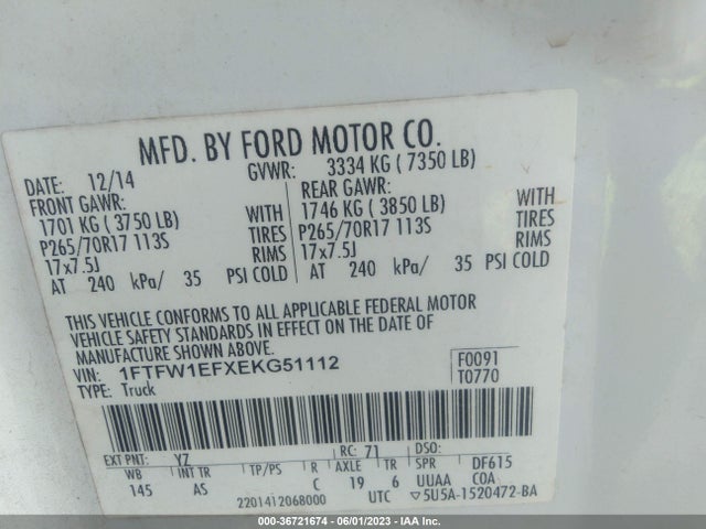 2014 FORD F-150 XL/XLT/STX/FX4/LARIAT VIN: 1FTFW1EFXEKG51112