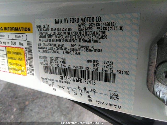 Ford FUSION SE 2015 3FA6P0H76FR129415 Image 10