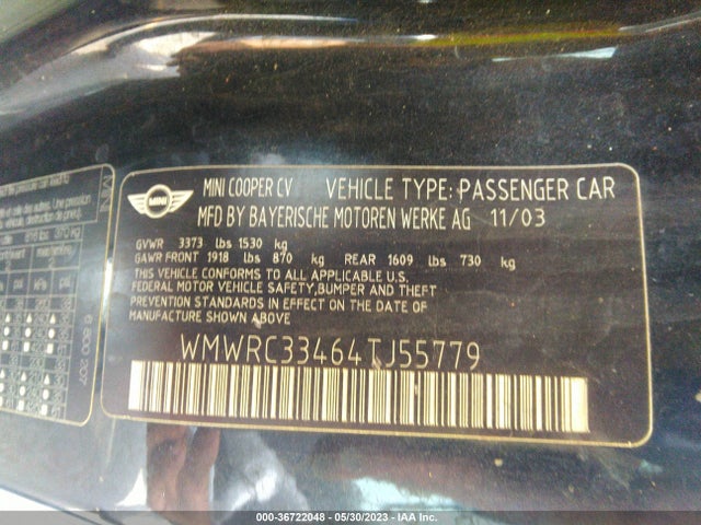 2004 MINI COOPER HARDTOP VIN: WMWRC33464TJ55779