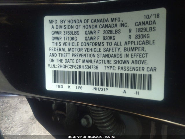 Продаж на аукціоні авто 2019 Honda Civic Sedan Lx, vin: 2HGFC2F62KH504736, номер лоту: 36722128