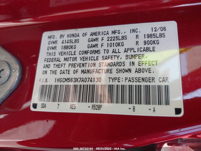 2007 HONDA ACCORD SDN LX SE VIN: 1HGCM563X7A074130