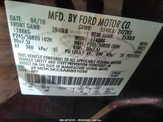 2010 FORD EDGE LIMITED VIN: 2FMDK3KC5ABB51058