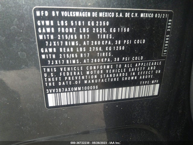 Aukcja sprzedaży 2021 Volkswagen Tiguan Se/se R-line Black/sel, vin: 3VV3B7AX0MM100096, numer aukcji: 36722238