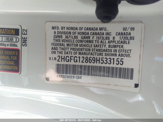 2009 HONDA CIVIC CPE EX VIN: 2HGFG12869H533155