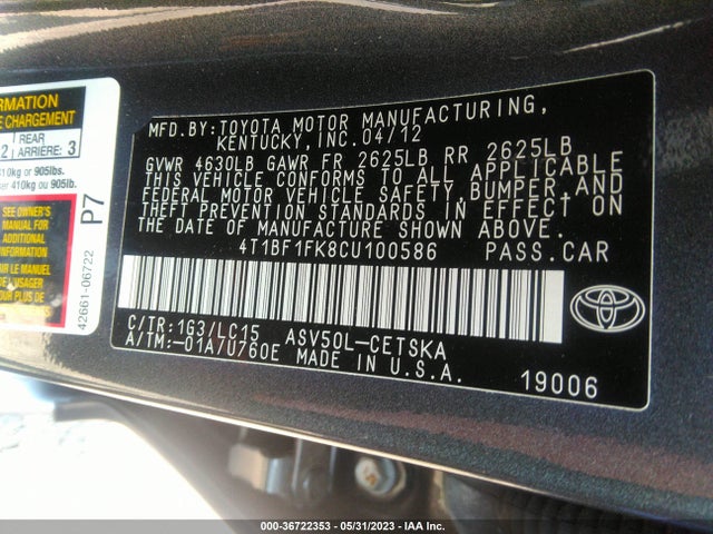 2012 TOYOTA CAMRY L/LE/SE/XLE VIN: 4T1BF1FK8CU100586