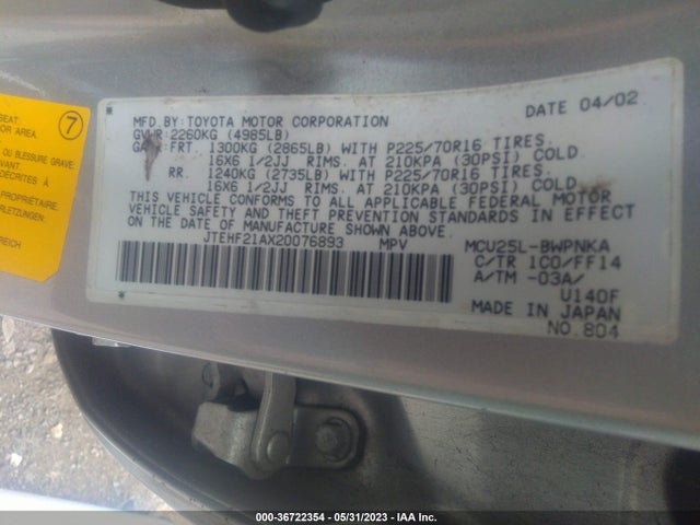 2002 TOYOTA HIGHLANDER VIN: JTEHF21AX20076893