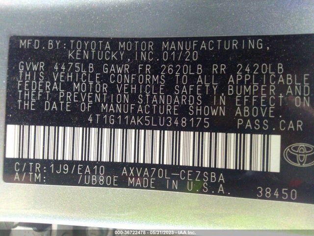 Toyota CAMRY SE 2020 4T1G11AK5LU348175 Image 9