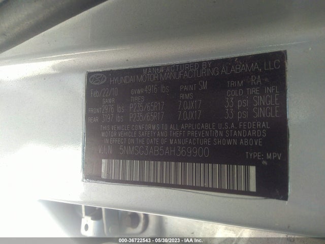 2010 HYUNDAI SANTA FE GLS VIN: 5NMSG3AB5AH369900