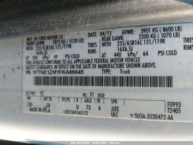 1FTNE1ZM1FKA86645 Ford TRANSIT CARGO VAN