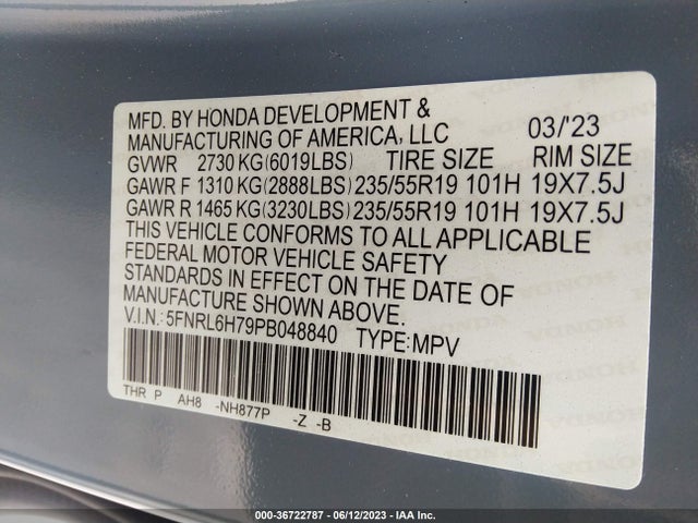 2023 Honda Odyssey, VIN: 5FNRL6H79PB048840
