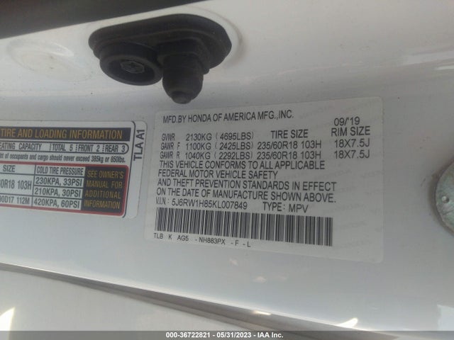 Honda Cr-v Ex-l 2019 5J6RW1H85KL007849 Image 9
