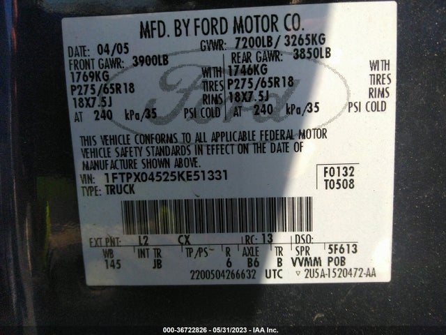 2005 FORD F-150 FX4 VIN: 1FTPX04525KE51331