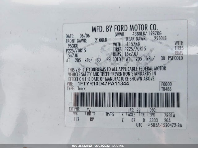 2007 FORD RANGER XL/STX/XLT VIN: 1FTYR10D47PA11344
