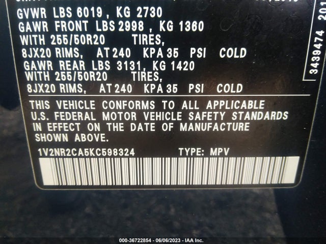 1V2NR2CA5KC598324 Volkswagen Atlas 3.6l V6 Sel Premium