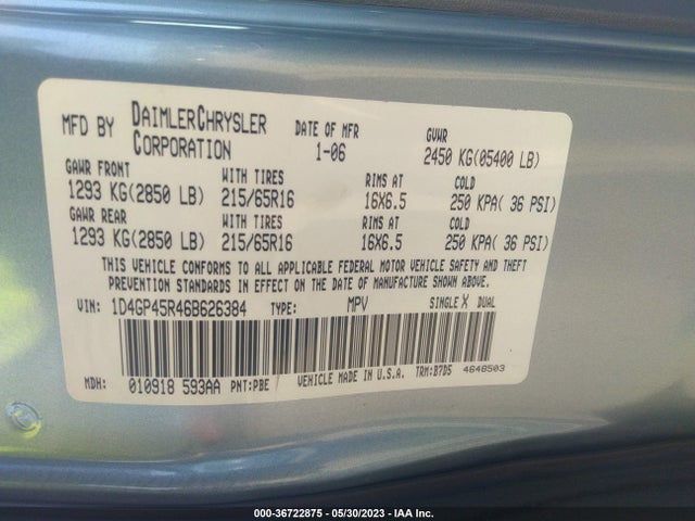 2006 DODGE CARAVAN SXT VIN: 1D4GP45R46B626384