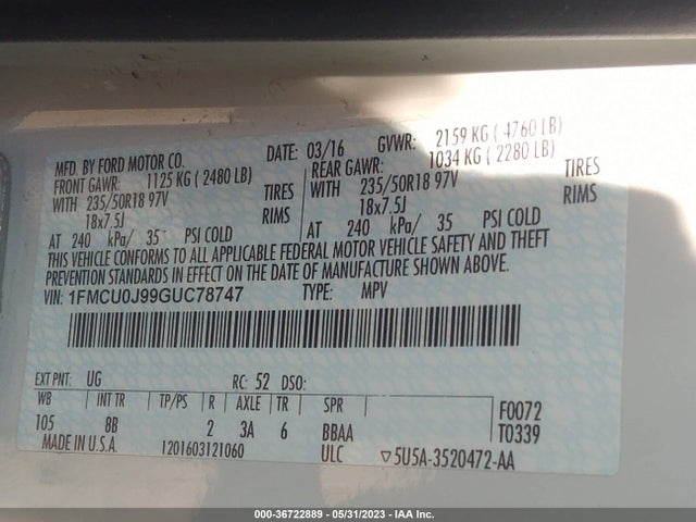 Ford Escape Titanium 2016 1FMCU0J99GUC78747 Image 9