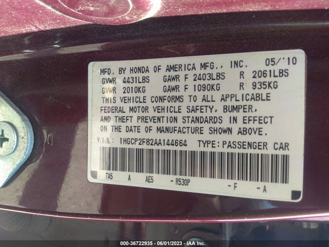 2010 HONDA ACCORD SDN EX-L VIN: 1HGCP2F82AA144664