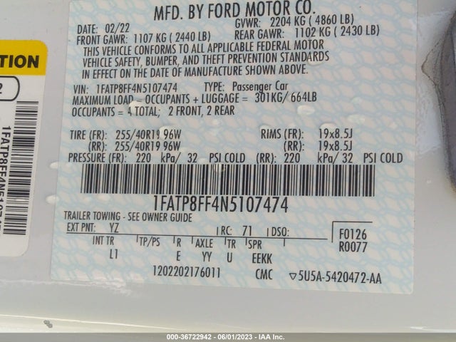 2022 FORD MUSTANG GT PREMIUM VIN: 1FATP8FF4N5107474