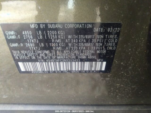 4S4BTAFC2N3203433 Subaru Outback Premium