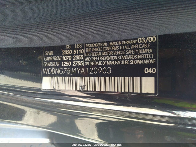2000 MERCEDES-BENZ S CLASS VIN: WDBNG75J4YA120903