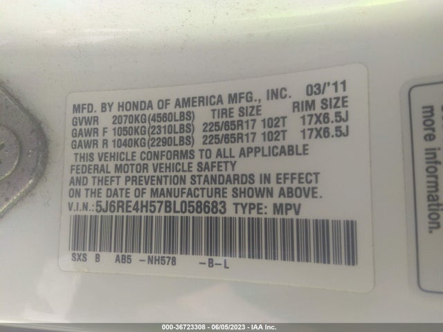 2011 HONDA CR-V EX VIN: 5J6RE4H57BL058683
