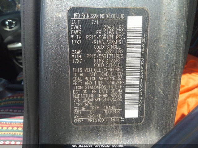 2011 NISSAN JUKE SV VIN: JN8AF5MR5BT020565