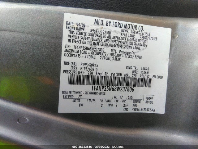 2008 FORD FOCUS SE/SES VIN: 1FAHP35N68W237806