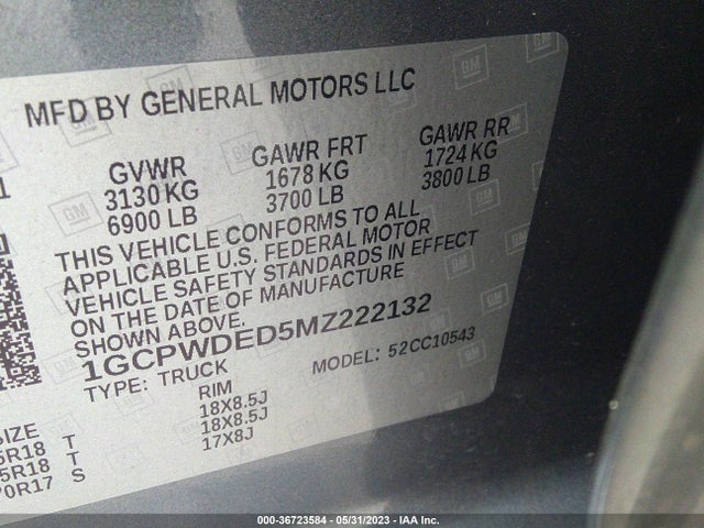 2021 CHEVROLET SILVERADO 1500 RST VIN: 1GCPWDED5MZ222132
