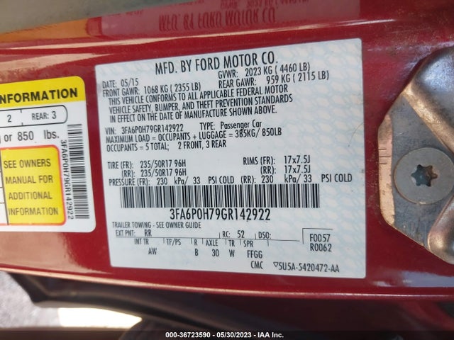 Ford FUSION SE 2016 3FA6P0H79GR142922 Image 9