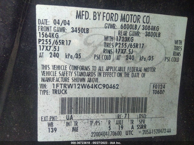 2004 FORD F-150 XLT VIN: 1FTRW12W64KC90462
