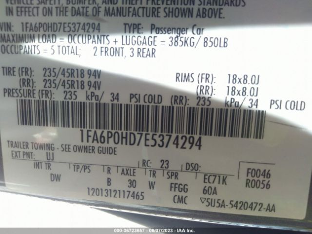 1FA6P0HD7E5374294 Ford FUSION SE