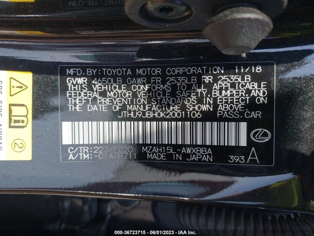 2019 LEXUS UX UX 250H VIN: JTHU9JBH0K2001106