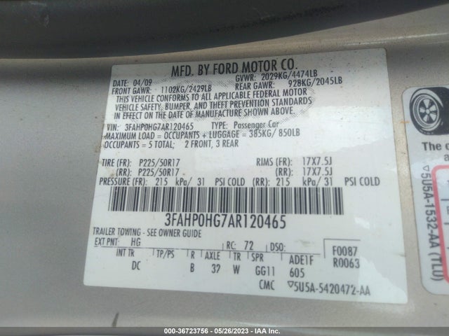 2010 FORD FUSION SE VIN: 3FAHP0HG7AR120465