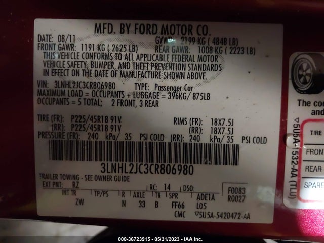 2012 LINCOLN MKZ VIN: 3LNHL2JC3CR806980