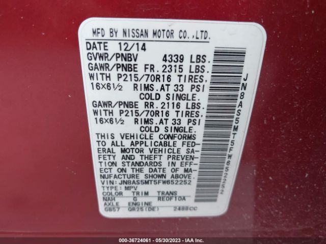 JN8AS5MT5FW652252 Nissan Rogue Select S