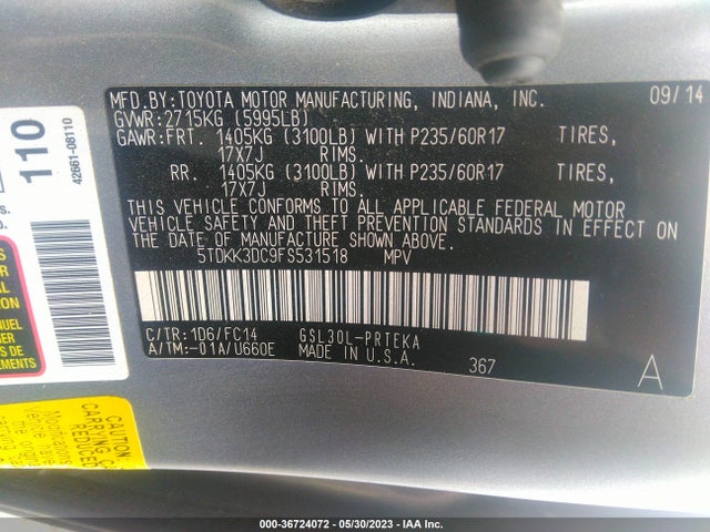 Toyota SIENNA LE 2015 5TDKK3DC9FS531518 Image 9