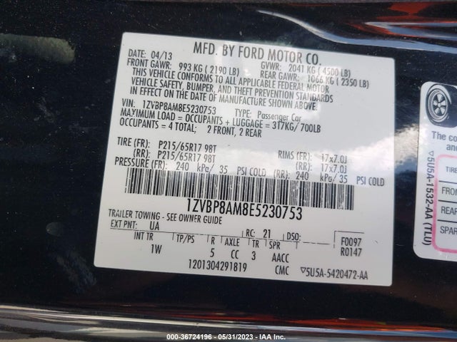 2014 FORD MUSTANG V6 VIN: 1ZVBP8AM8E5230753