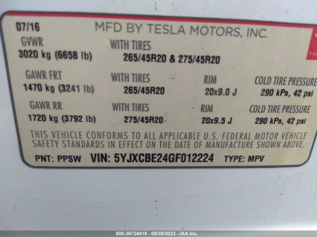 5YJXCBE24GF012224 Tesla Model X 70d/90d/75d/60d/p100d