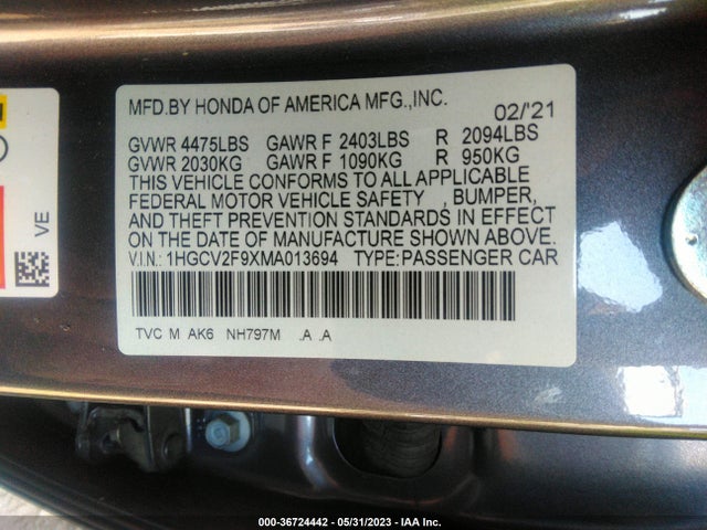 2021 HONDA ACCORD SEDAN TOURING VIN: 1HGCV2F9XMA013694
