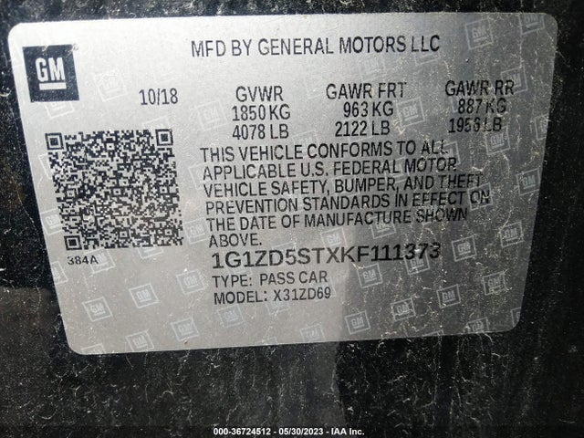 Chevrolet MALIBU LT 2019 1G1ZD5STXKF111373 Image 9
