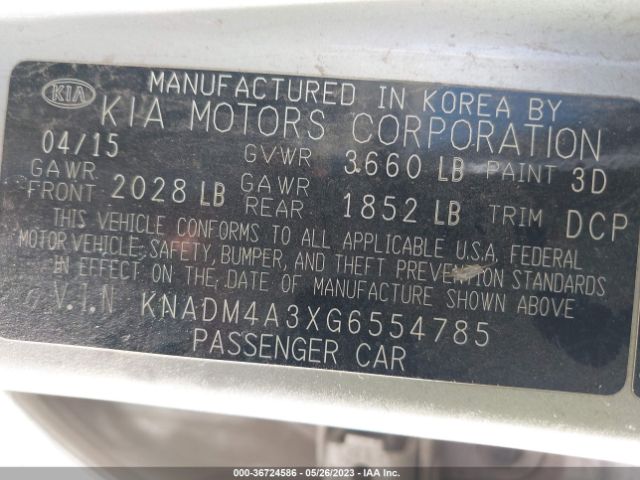 KNADM4A3XG6554785 KIA RIO LX