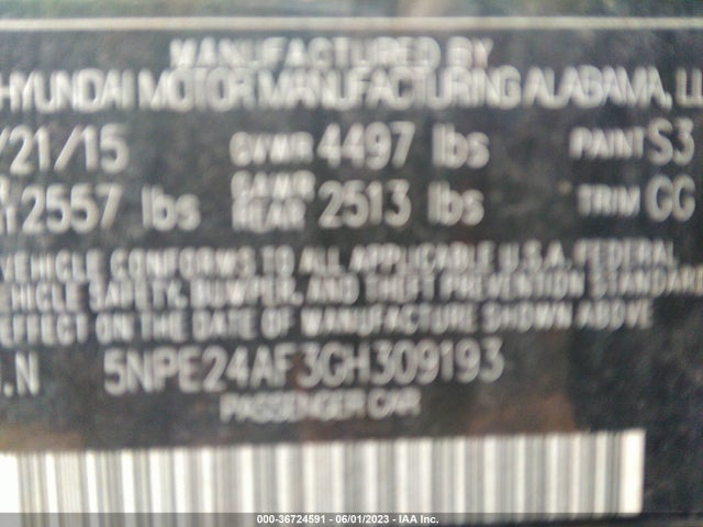 2016 HYUNDAI SONATA 2.4L SE VIN: 5NPE24AF3GH309193