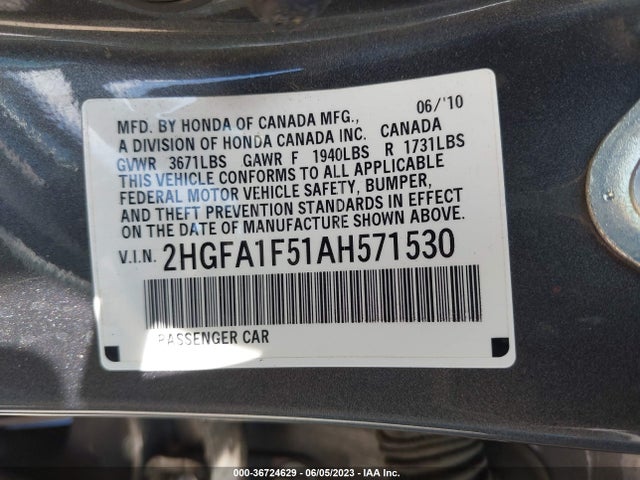 2010 HONDA CIVIC SDN LX VIN: 2HGFA1F51AH571530