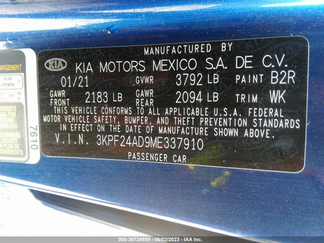 2021 KIA FORTE LXS VIN: 3KPF24AD9ME337910