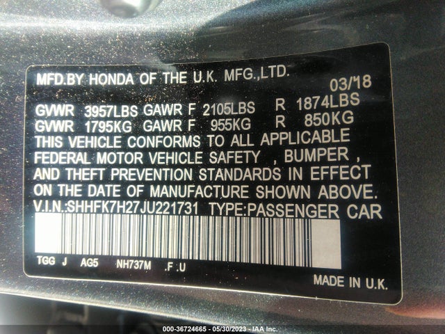 Honda Civic Hatchback Lx 2018 SHHFK7H27JU221731 Image 9