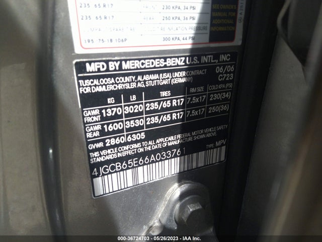 2006 MERCEDES-BENZ R-CLASS 3.5L VIN: 4JGCB65E66A033761