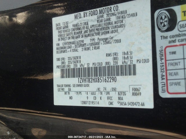 2008 FORD MUSTANG GT VIN: 1ZVHT82HX85162290
