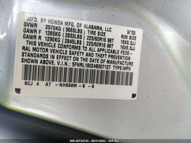 2004 HONDA ODYSSEY EX-L RES VIN: 5FNRL18024B007127