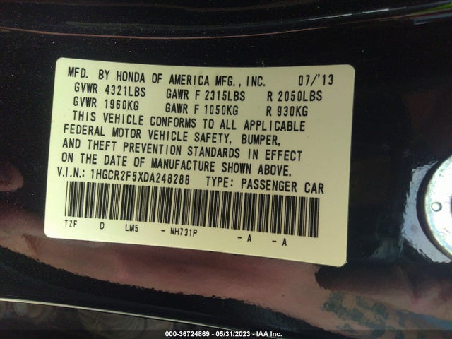 2013 HONDA ACCORD SDN SPORT VIN: 1HGCR2F5XDA248288
