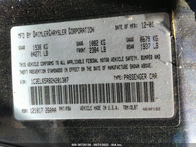 Продаж на аукціоні авто 2002 Chrysler Sebring Limited, vin: 1C3EL65R82N201307, номер лоту: 36725136